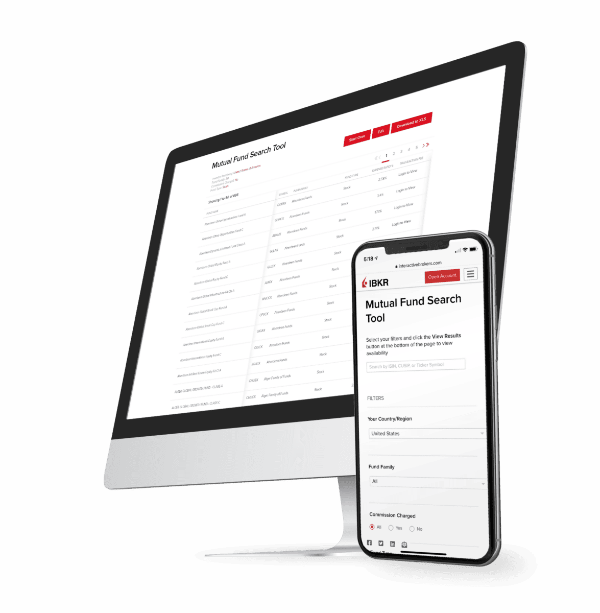 Darstellung des Mutual Fund Search Tools von Interactive Brokers auf einem Desktop-Bildschirm und einem Smartphone. Das Tool ermöglicht die Suche nach Investmentfonds basierend auf verschiedenen Filtern wie Land, Fondsgesellschaft und Gebührenstruktur.