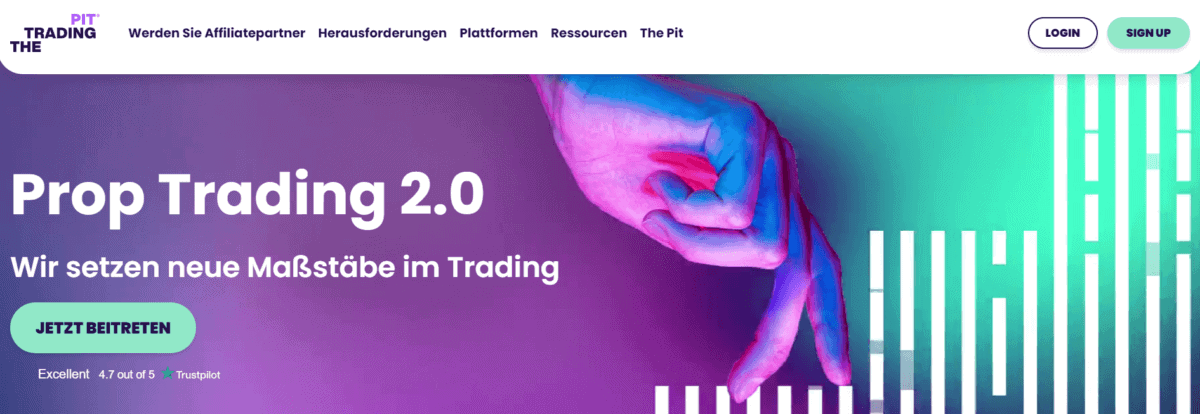 Screenshot der Startseite von The Trading Pit mit dem Titel 'Prop Trading 2.0' und dem Slogan 'Wir setzen neue Maßstäbe im Trading'. Ein Button mit der Aufschrift 'Jetzt beitreten' ist sichtbar, sowie eine Trustpilot-Bewertung von 4,7 von 5 Sternen.
