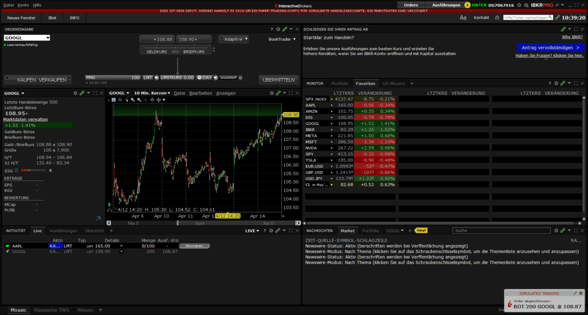 Interactive Brokers (IBKR)– der ultimative Guide zum größten Online-Broker der Welt (2025) Screenshot der Trader Workstation (TWS) von Interactive Brokers (IB). Die Plattform zeigt verschiedene Handelsfunktionen, darunter eine Ordermaske für Google-Aktien (GOOGL), ein Chartfenster mit Kerzenchart, eine Marktübersicht mit Kursveränderungen führender Aktien und Indizes sowie eine News-Sektion für aktuelle Marktnachrichten.