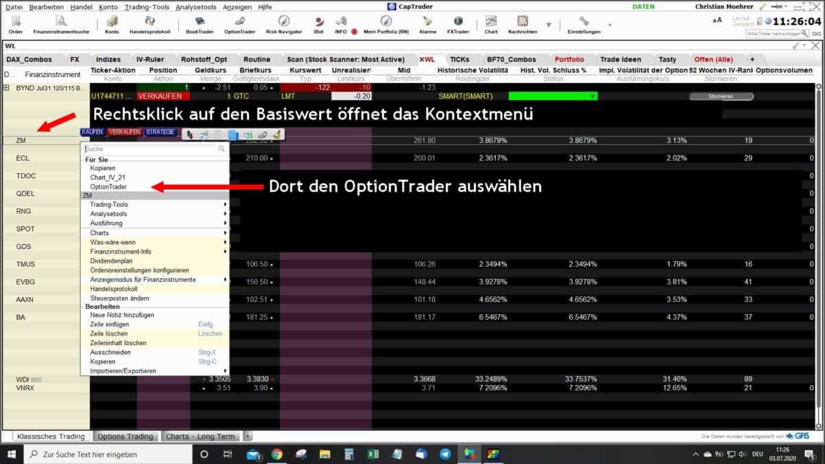 Wechseln zum OptionTrader der TWS - über das Kontextmenü - Vorgehensweise anhand eines Screenshots