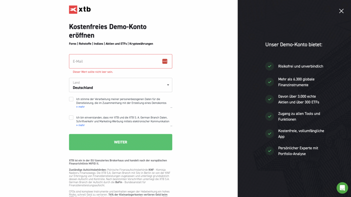 dasBild zeigt den Anmeldungsprozess von xtb für das kostenlose demokonto
